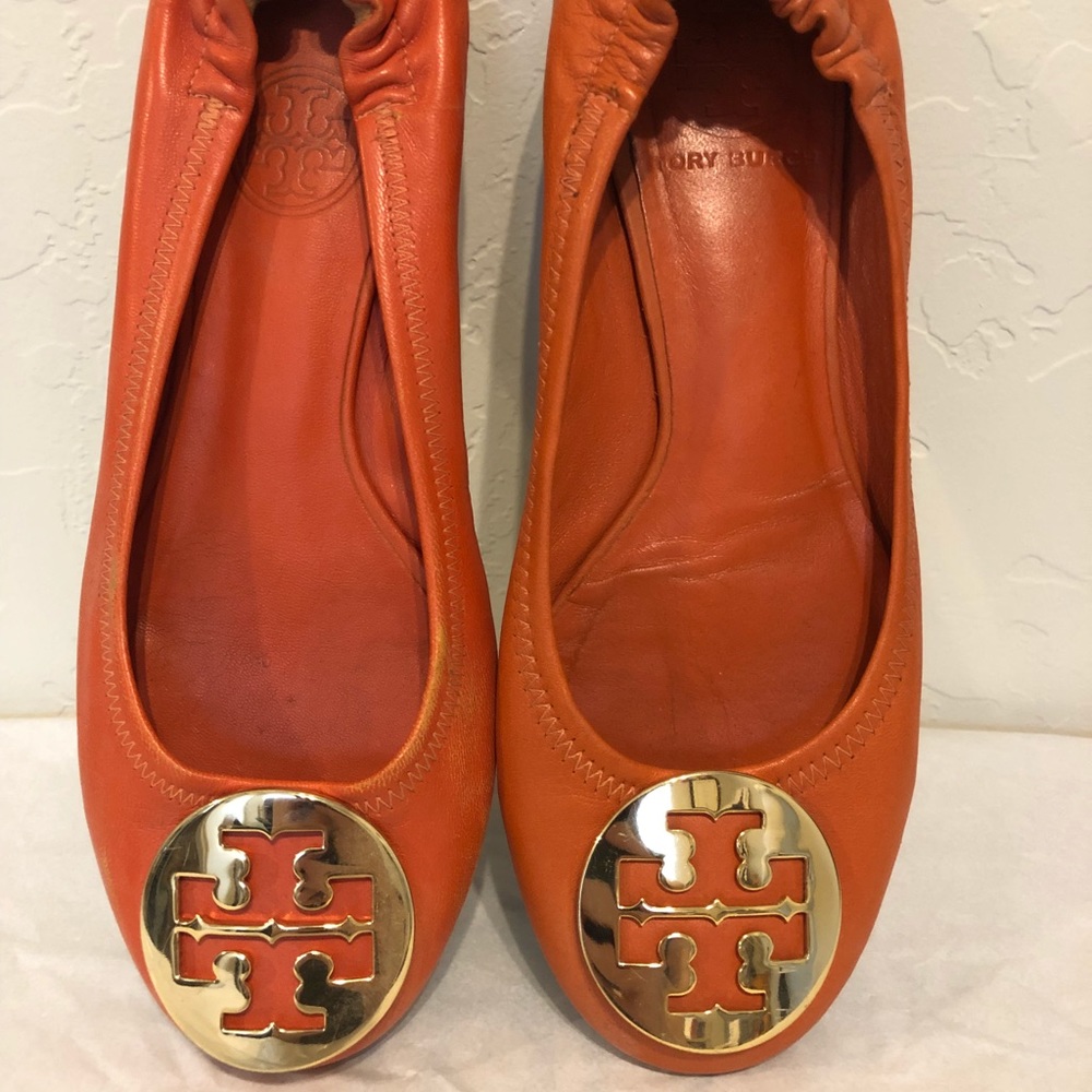 TORY BURCH Leather Ballet Flats Logo Orange 5.5M